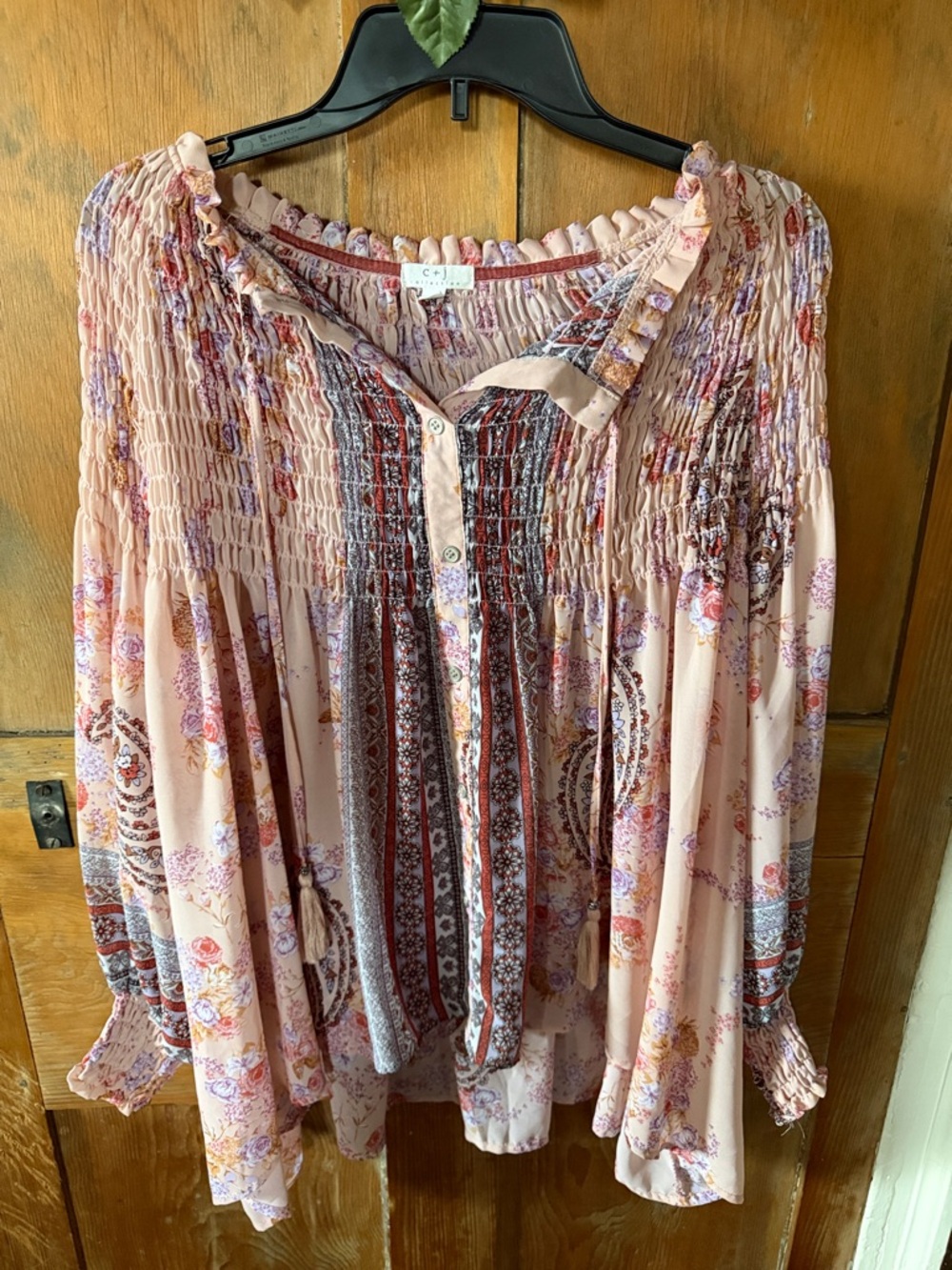 C&J Collection Pink Print Floral Boho Smocked Peasant Top